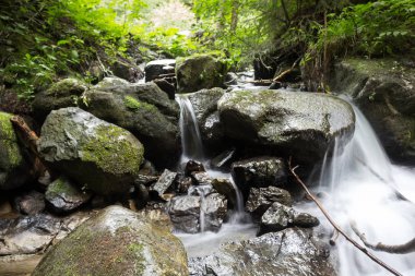 Küçük bir şelale dağlarda. Büyük kayalar, moss Barajı.