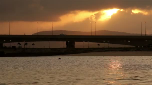 Trafiken över bron vid soluppgången. — Stockvideo