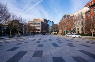 Washington DC ABD 3 Şubat 2020 Lafayette Meydanı 'nın geniş açılı bir fotoğrafı, Beyaz Saray yakınlarında, bir kış sabahı..