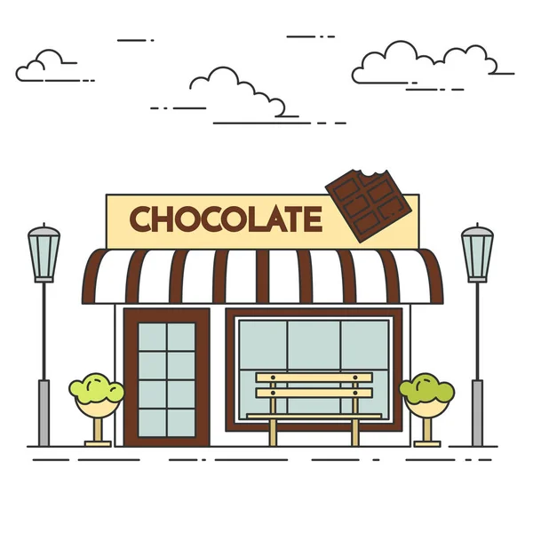 Čokoládová kavárna s lampami, květiny a lavice linkový výstup — Stockový vektor