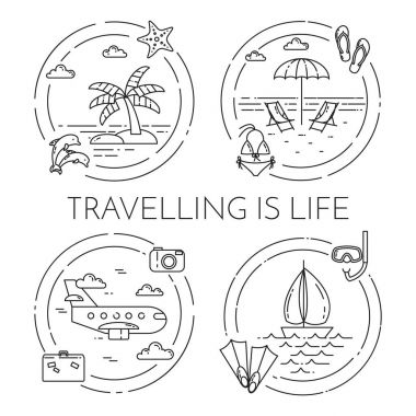 Gezi öğeleri Hat sanatı ile yatay afiş seyahat seti