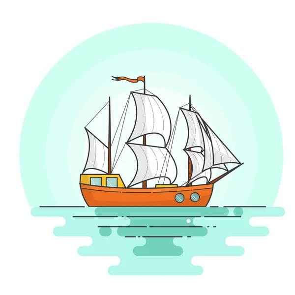 Farbschiff mit roten Segeln im Meer. Segelboot auf den Wellen für Reise, Tourismus, Reisebüro, Hotels, Urlaubskarte, Banner. — Stockvektor