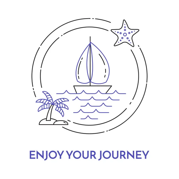Yelkenli dalgalar, denizyıldızı, üzerinde Palmiye Adası gezi, turizm, seyahat acentası, otel, eğlence kartı ile seyahat yatay banner — Stok Vektör