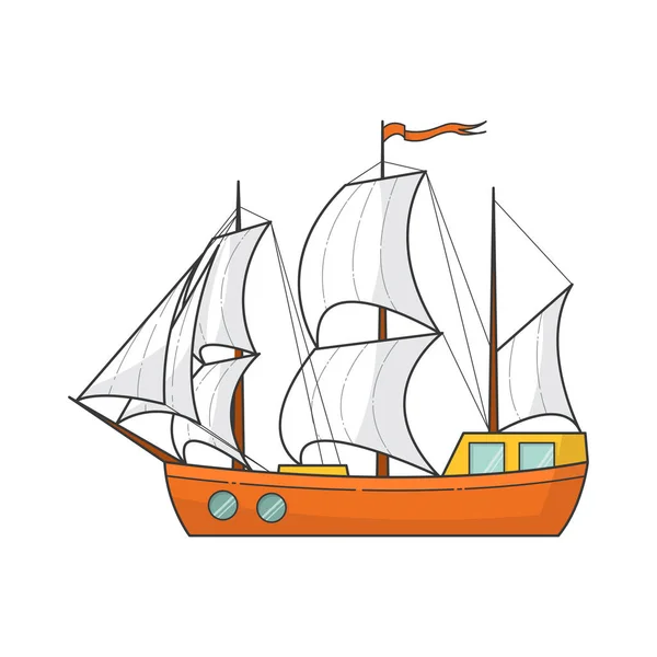 Färg skepp med vita segel isolerad på vit bakgrund för turism, hotell, resebyrå, resa, semester kort. — Stock vektor
