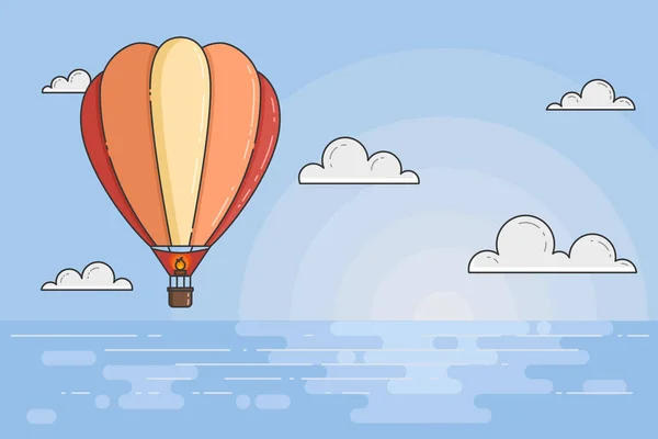 Hete luchtballon in blauwe hemel met wolken onder de zee voor reisbureau, motivatie, bedrijfsontwikkeling, wenskaart, banner — Stockvector