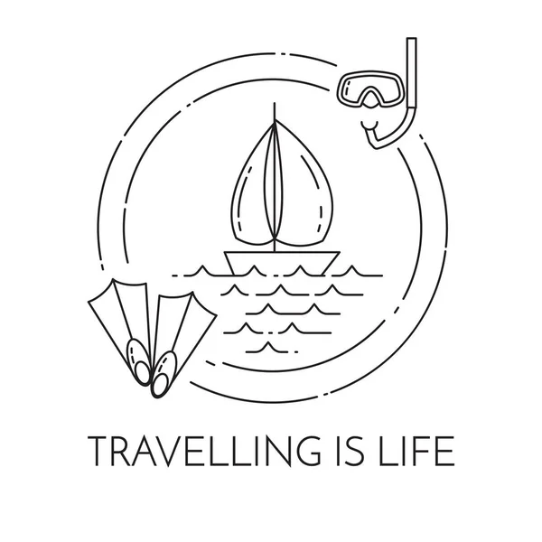 Traveling horizontal banner with sailboat on waves, flippers and diving mask in circle.