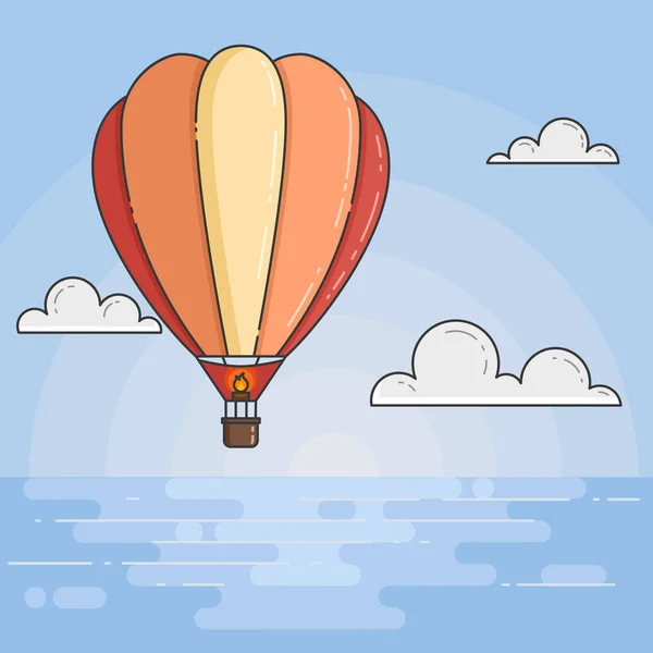 Balão de ar quente no céu azul com nuvens sob o mar para agência de viagens, motivação, desenvolvimento de negócios, cartão de saudação — Vetor de Stock