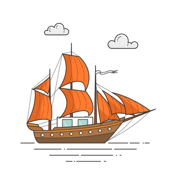 Farbschiff mit orangen Segeln im Meer. Segelboot auf den Wellen für Reise, Tourismus, Reisebüro, Hotels, Urlaubskarte, Banner — Stockvektor