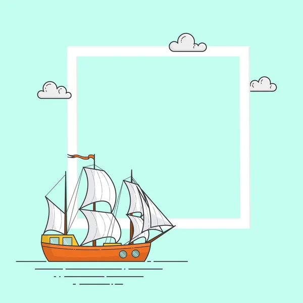 Кольоровий корабель з білими вітрилами на смарагдовому фоні з великою рамкою та копійкою для подорожей, туризму, карти туристичних агентств . — стоковий вектор
