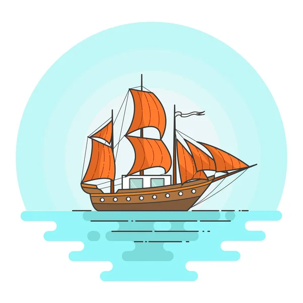 Кольоровий корабель з помаранчевими вітрилами в морі. Вітрильник на хвилях для подорожей, туризму, туристичної агенції, готелів, вакуумної картки, банера — стоковий вектор