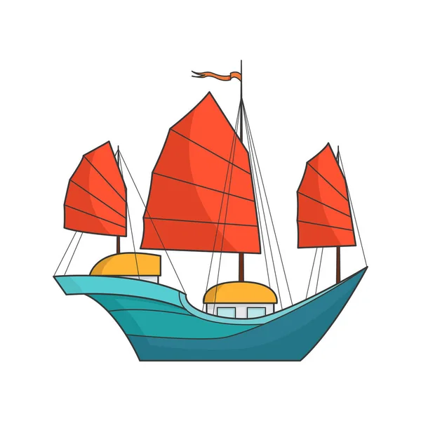 Цветной корабль с красными парусами в море. Парусник на волнах для путешествий, туризм, туристическое агентство, отели, карта отдыха, баннер . — стоковый вектор