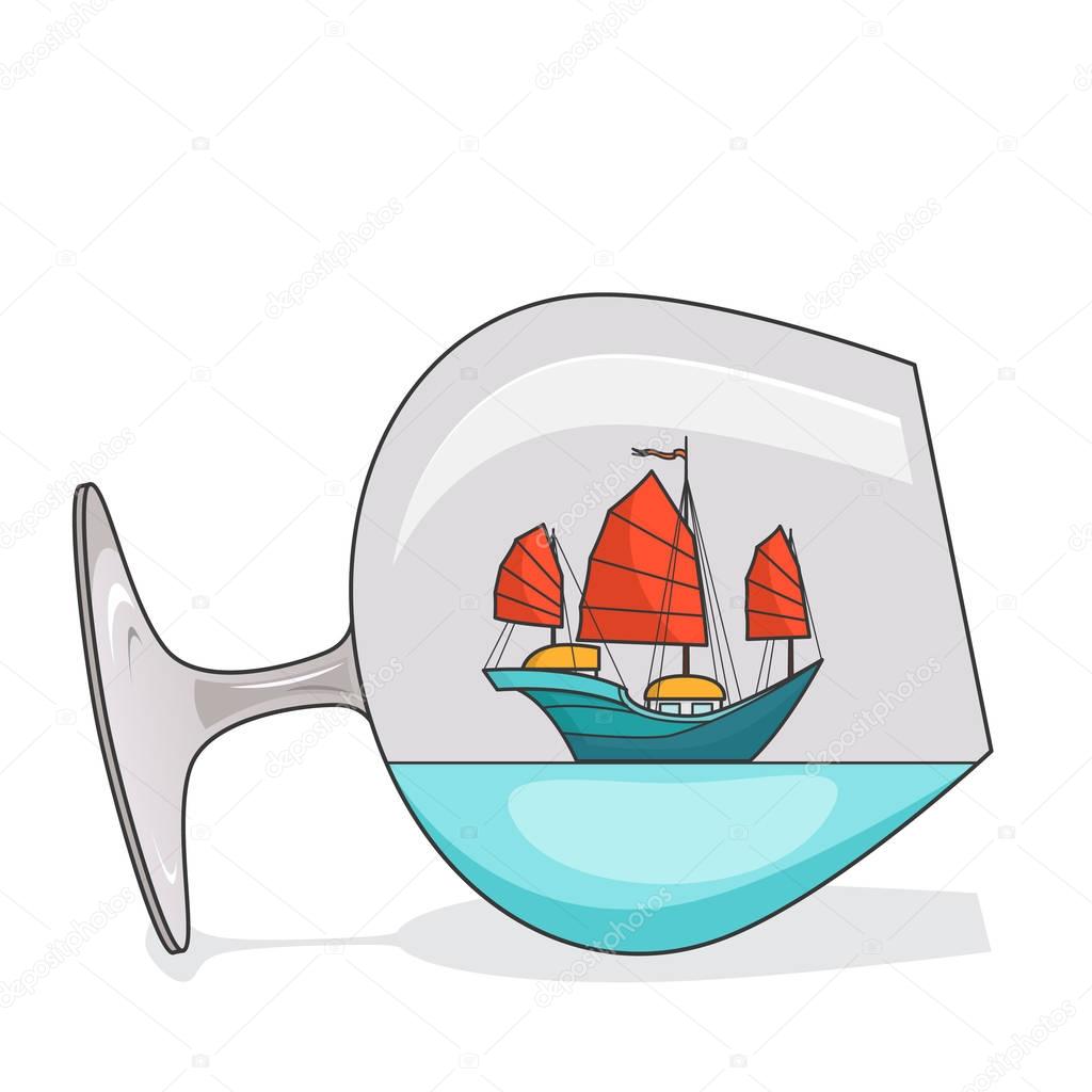 Color ship with red sails in glass. Souvenir with sailboat for trip, tourism, travel agency, hotels, vacation card