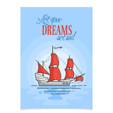 Denizin içinde kırmızı yelkenli gemi renk. Yelkenli üzerinde dalgalar gezi, turizm, seyahat acentası, oteller, tatil kartı, afiş için