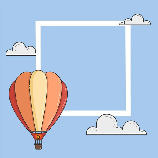 Hete luchtballon in blauwe hemel met wolken, frame, copyspace voor reisbureau, motivatie, bedrijfsontwikkeling, wenskaart, banner, flyer — Stockvector