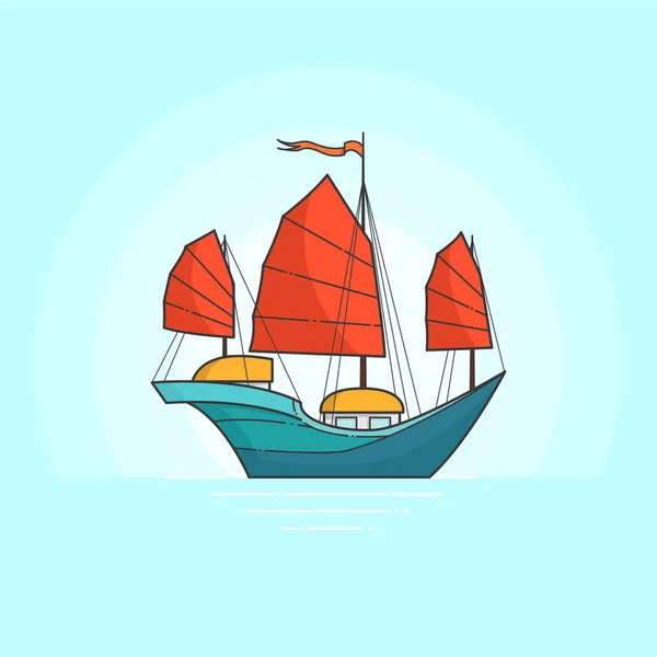 Farbschiff mit roten Segeln im Meer. Segelboot auf den Wellen für Reise, Tourismus, Reisebüro, Hotels, Urlaubskarte, Banner — Stockvektor