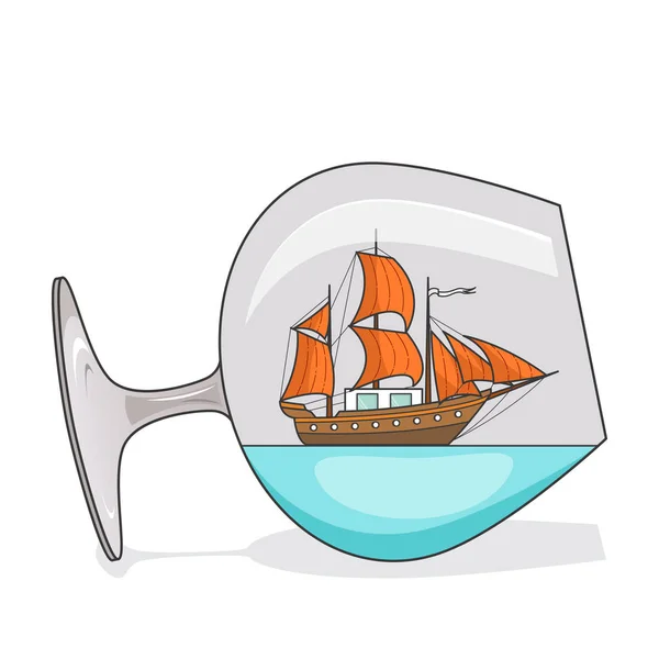 Navio a cores com velas laranja em vidro. Lembrança com veleiro para viagem, turismo, agência de viagens, hotéis, cartão de férias — Vetor de Stock