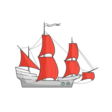 Denizin içinde kırmızı yelkenli gemi renk. Yelkenli üzerinde dalgalar gezi, turizm, seyahat acentası, oteller, tatil kartı, afiş için.