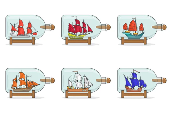 Uppsättning färg skepp med segel i glas. Souvenirer med segelbåt isolerad på vit bakgrund för resa, hotell, turism, resebyrå. — Stock vektor