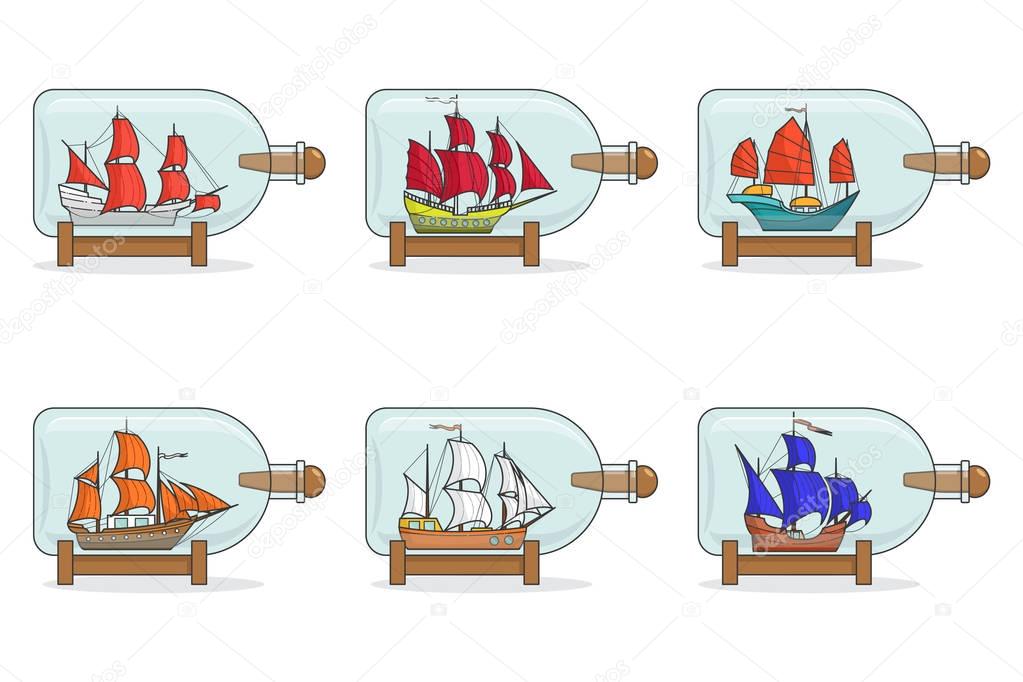 Set of color ships with sails in glasses. Souvenirs with sailboat isolated on white background for trip, tourism, travel agency, hotels.