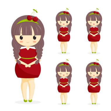 Kiraz Giydir sevimli kawaii kızlarla dekorasyonda beyaz arka plan üzerinde izole saç kümesi.