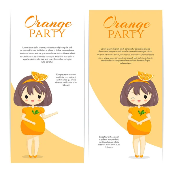 Set von niedlichen Kawaii Mädchen in orangefarbenem Kleid mit Dekoration im Haar isoliert auf weißem Hintergrund. — Stockvektor