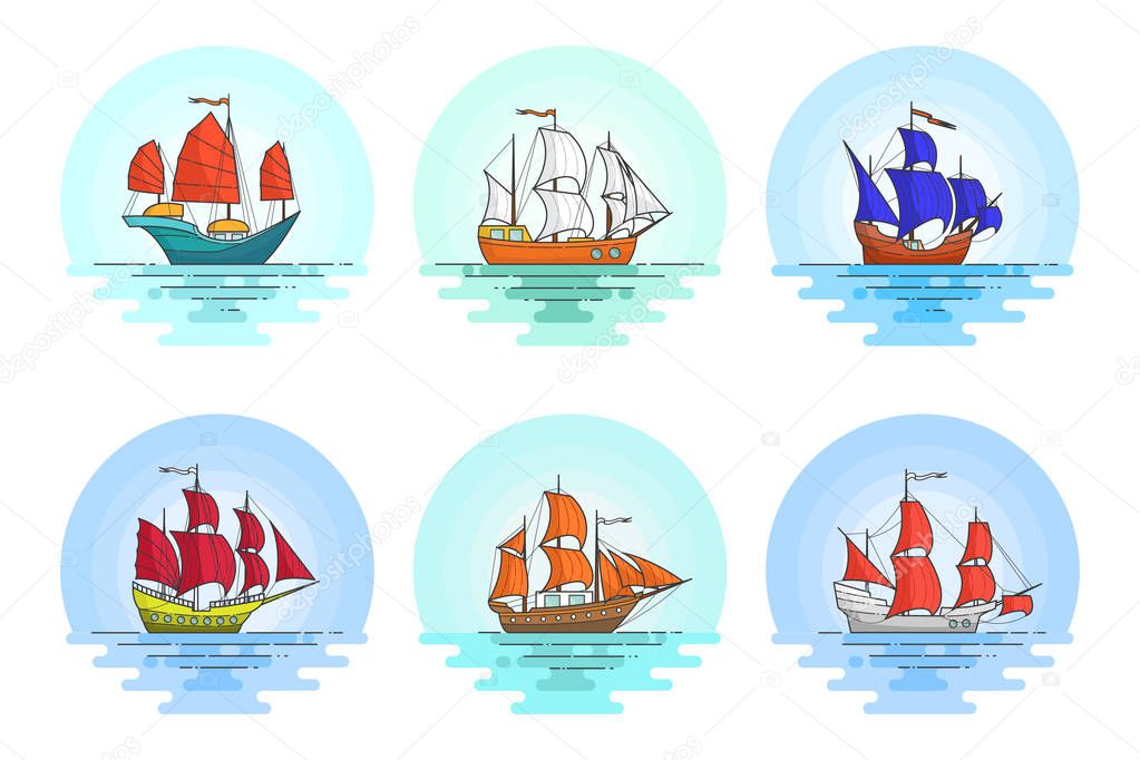 Set of color ships with sails in the sea for trip, tourism, travel agency, hotels, vacation card