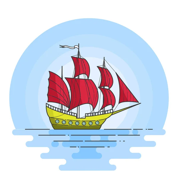 Цветной корабль с красными парусами в море. Парусник на волнах для путешествий, туризм, туристическое агентство, отели, карта отдыха, баннер — стоковый вектор