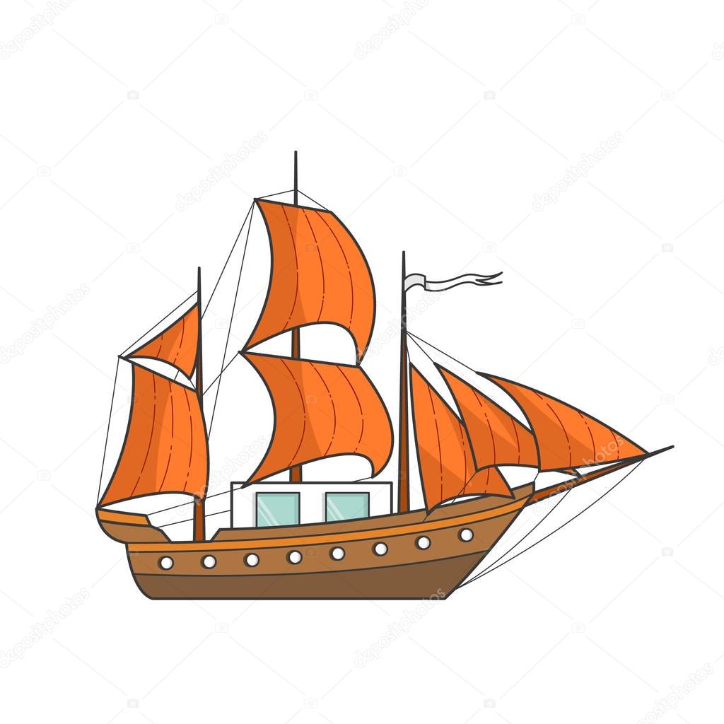 Color ship with orange sails in the sea. Sailboat on waves for trip, tourism, travel agency, hotels,vacation card,banner