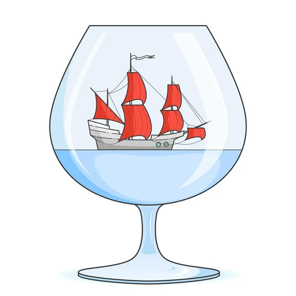 Navire de couleur avec voiles rouges en verre. Souvenir avec voilier pour le voyage, tourisme, agence de voyage, hôtels, carte de vacances — Image vectorielle