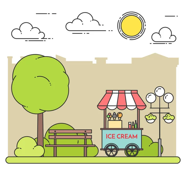 Ice cream vagn på hjul. Söta fryst mat kiosk i offentlig park. Vektorillustration. — Stock vektor