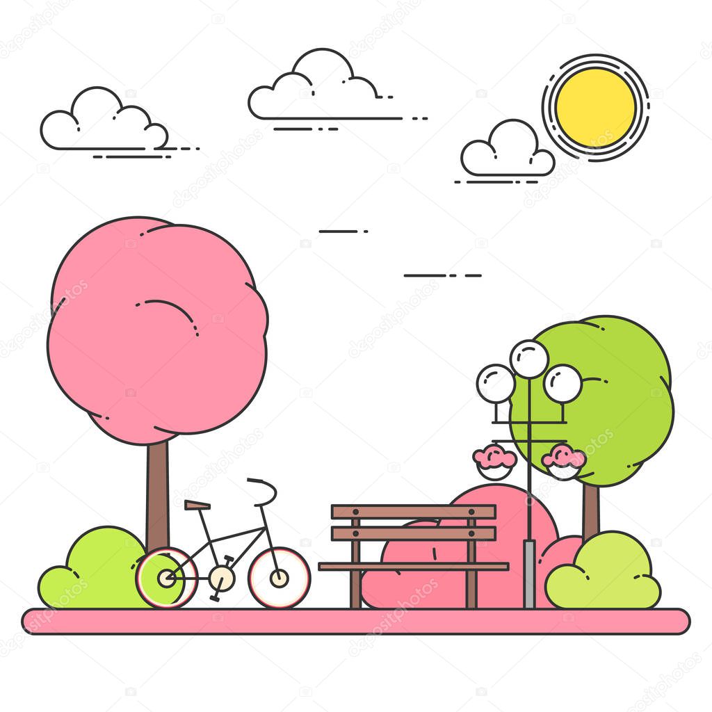 Spring city landscape with bench, bicycle in central park. Vector illustration. Line art.
