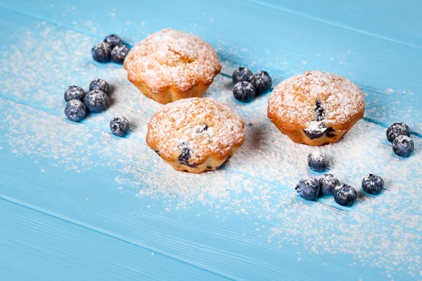 Blueberry muffin. Homemade baked cupcake with blueberries, fresh berries, powdered sugar on blue wooden background. Top view.