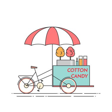 Pamuk şeker bisiklet. Tekerlekli cart. Yiyecek ve içecek kiosk. Vektör çizim. Düz Hat sanatı.