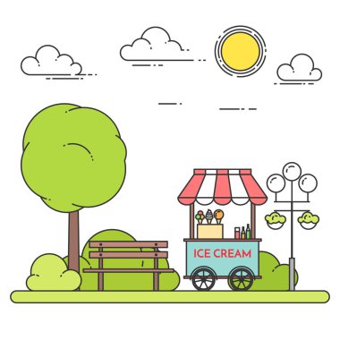 Seyyar dondurma arabası. Tatlı dondurulmuş gıda kiosk genel Park. Vektör çizim.