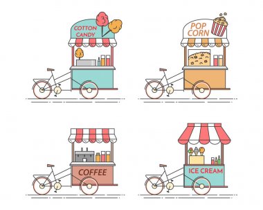 Kahve, patlamış mısır, dondurma, pamuk şeker Bisiklet şehir unsurları. Tekerlekli cart. Yiyecek ve içecek kiosk .