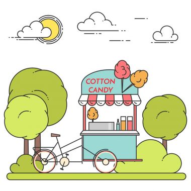 Pamuk şeker Bisiklet central Park'ta, şehir yatay yaz. Vektör çizim. Hat sanatı.