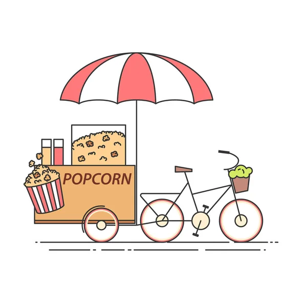 Una bicicleta de palomitas. Carro sobre ruedas. Quiosco de comida y bebida. Ilustración vectorial. Arte de línea plana . — Vector de stock