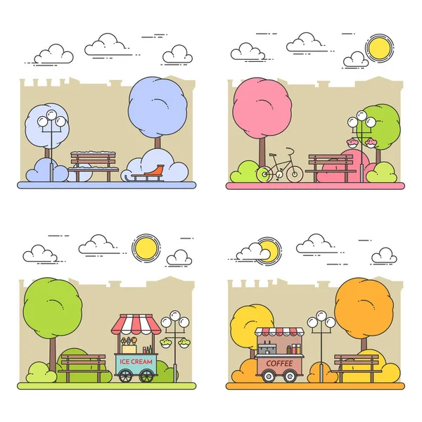 Kış, Bahar, yaz, sonbahar şehir manzaraları central park ile. Vektör çizim. Hat sanatı. Dört mevsim seti.