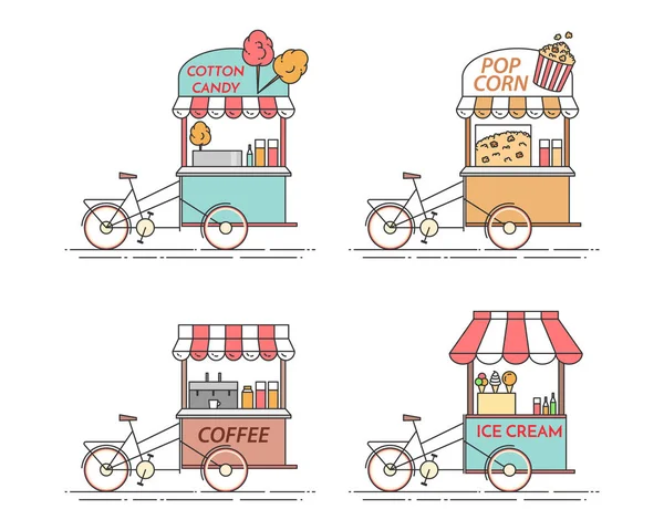 Elementos de la ciudad de café, palomitas de maíz, helado, bicicletas de algodón de azúcar. Carro sobre ruedas. Quiosco de comida y bebida  . — Vector de stock