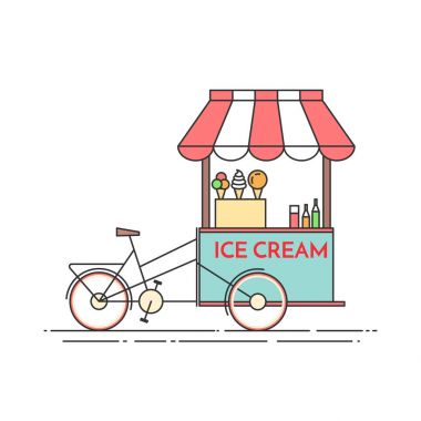 Dondurma bisiklet. Tekerlekli cart. Yiyecek ve içecek kiosk. Vektör çizim. Düz Hat sanatı.