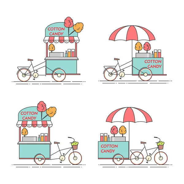 Bicicleta de algodón. Carro sobre ruedas. Quiosco de comida y bebida. Ilustración vectorial. Arte de línea plana . — Vector de stock