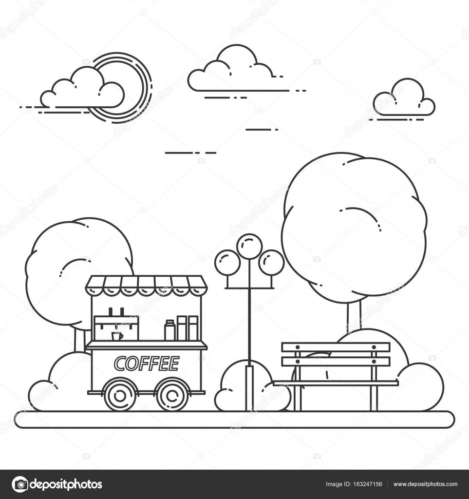 Paysage Dautomne Ville Avec Banc Camion De Café Dans