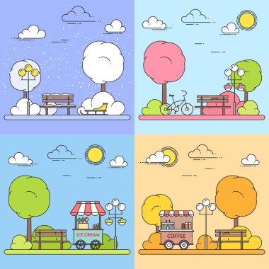 Kış, Bahar, yaz, sonbahar şehir manzaraları central park ile. Vektör çizim. Hat sanatı. Dört mevsim seti.