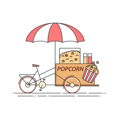 Patlamış mısır bisiklet. Tekerlekli cart. Yiyecek ve içecek kiosk. Vektör çizim. Düz Hat sanatı.