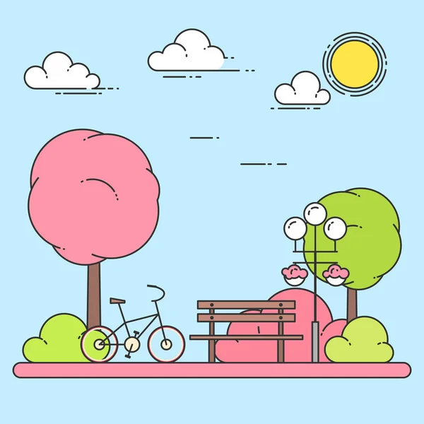 Paisaje de primavera con banco, bicicleta en el parque central. Ilustración vectorial. Línea de arte . — Archivo Imágenes Vectoriales