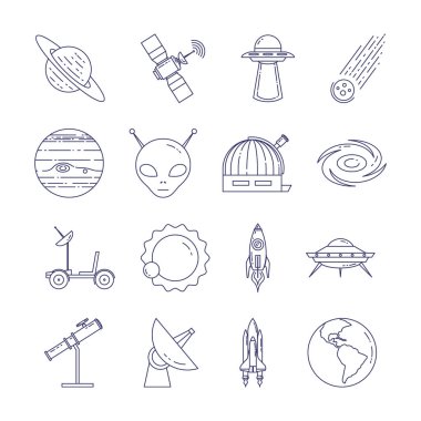 Uzay Seyahat hattı simgeler. Gezegenler, Uzay gemileri, ufo, uydu, spyglass ve diğer evren sembollerin öğeleri kümesi.
