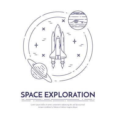 Uzay Seyahat hat afiş. Gezegenler, Uzay gemileri, ufo, uydu, spyglass ve diğer evren sembollerin öğeleri kümesi.