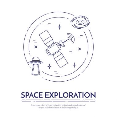 Uzay Seyahat hat afiş. Gezegenler, Uzay gemileri, ufo, uydu, spyglass ve diğer evren sembollerin öğeleri kümesi.