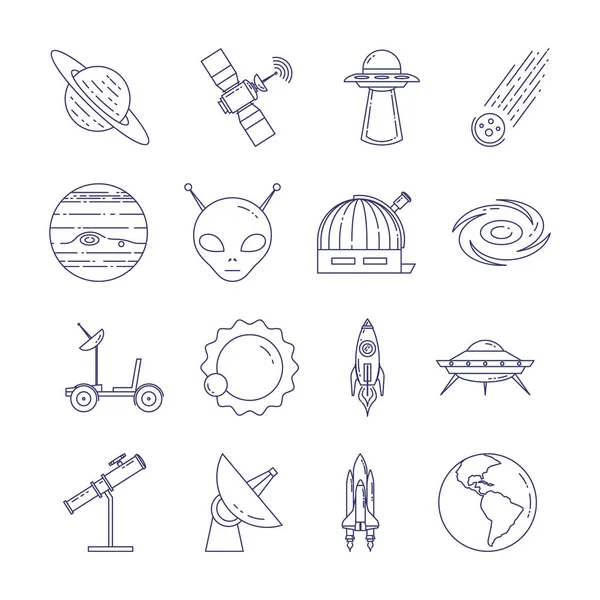 Uzay Seyahat hattı simgeler. Gezegenler, Uzay gemileri, ufo, uydu, spyglass ve diğer evren sembollerin öğeleri kümesi.