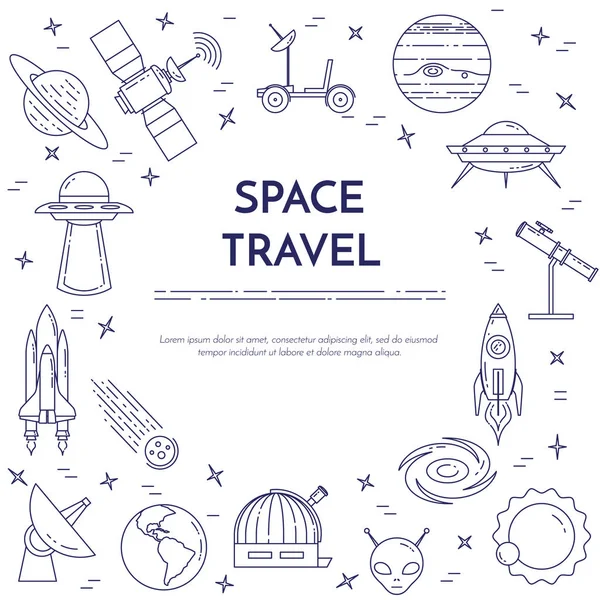 Banner de linha de viagem espacial. Conjunto de elementos de planetas, naves espaciais, ufo, satélite, spyglass e outros pictogramas cosmos . —  Vetores de Stock